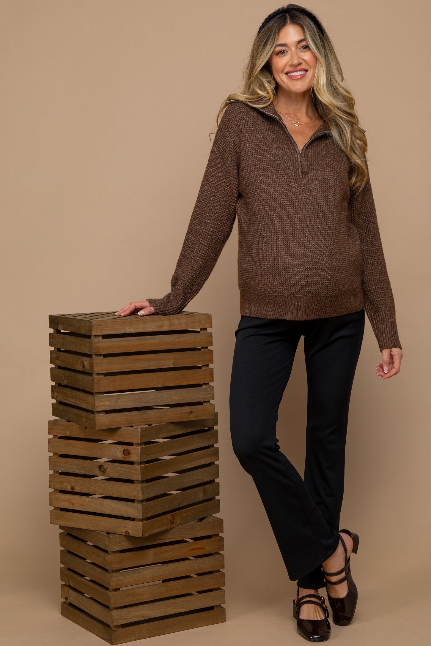Brown Half Zip Maternity Pullover Sweater