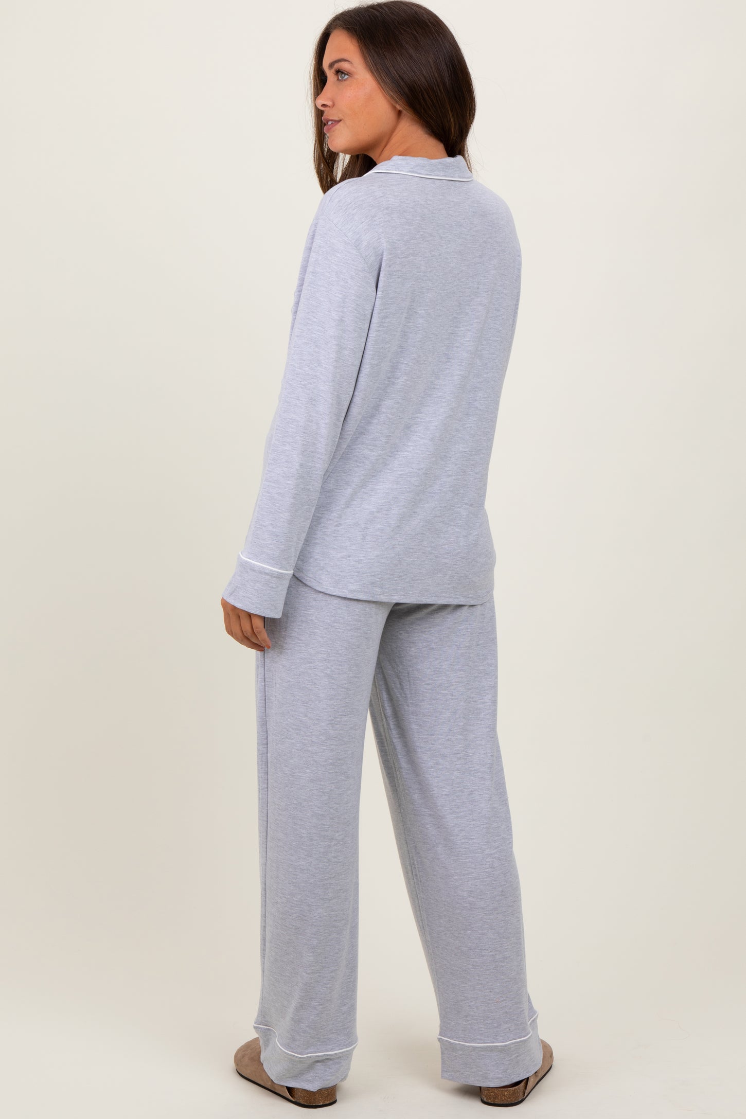 Heather Grey Button Down Top Wide Leg Pant Maternity Pajama Set