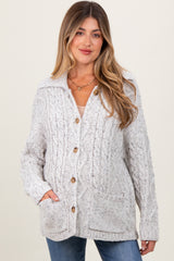 Heather Grey Cable Knit Collared Maternity Button Up Cardigan