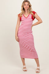 Light Pink Striped Ribbed Ruffle Sleeve Open Back Maternity Midi Dress