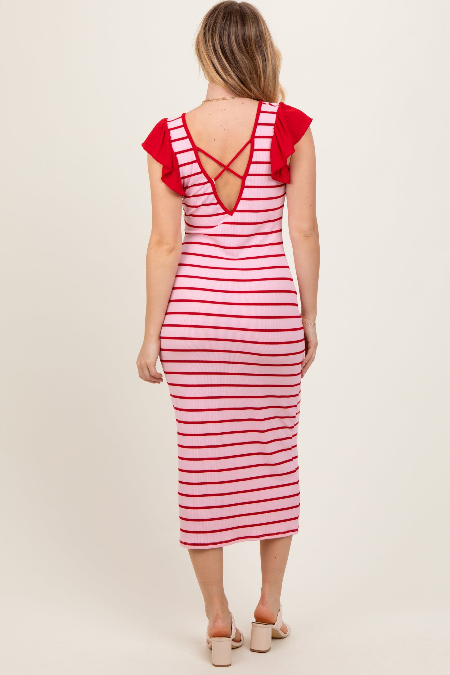 Light Pink Striped Ribbed Ruffle Sleeve Open Back Midi Dress