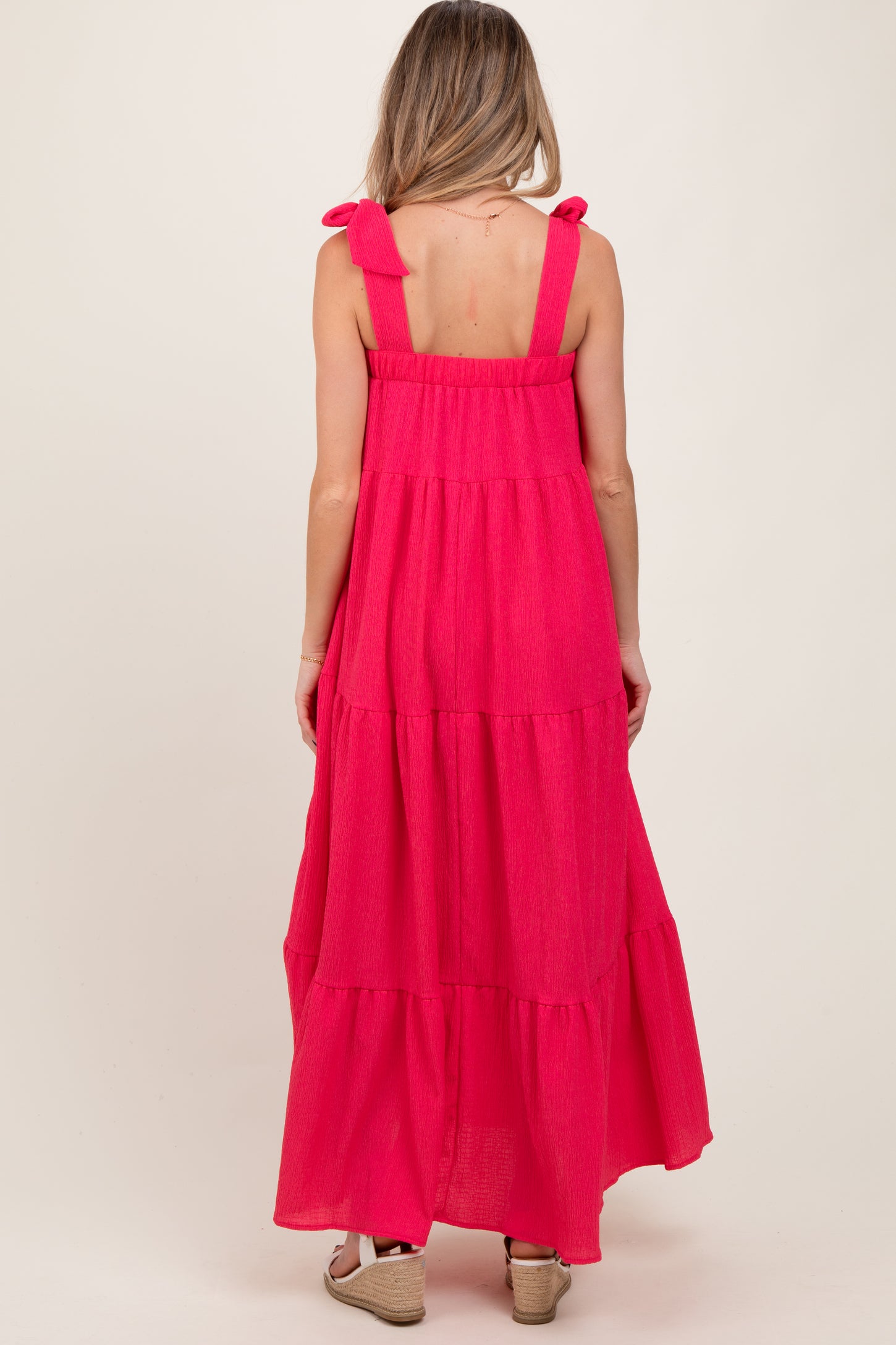 Fuchsia Shoulder Tie Tiered Maternity Maxi Dress