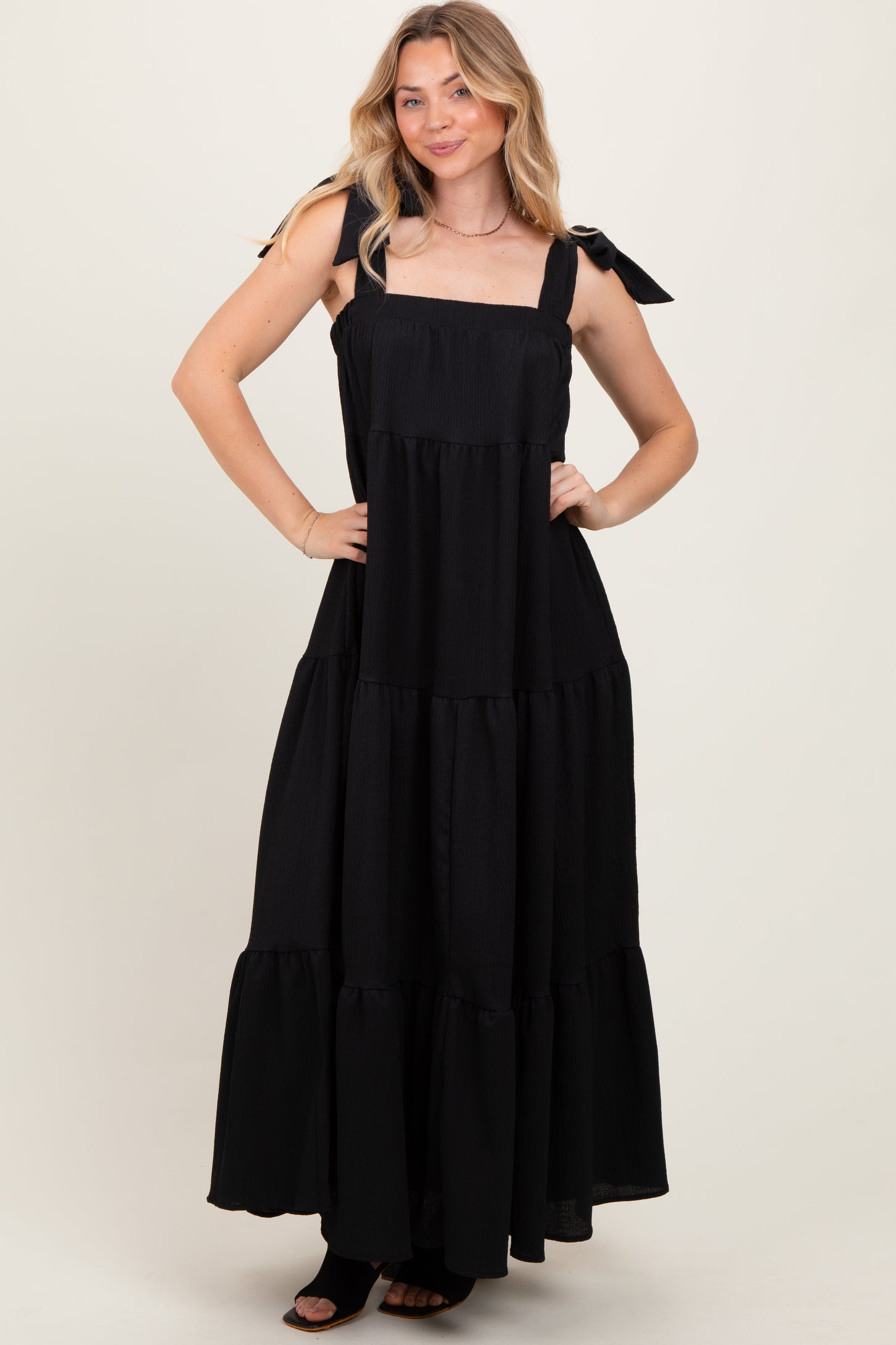 Black Shoulder Tie Tiered Maternity Maxi Dress
