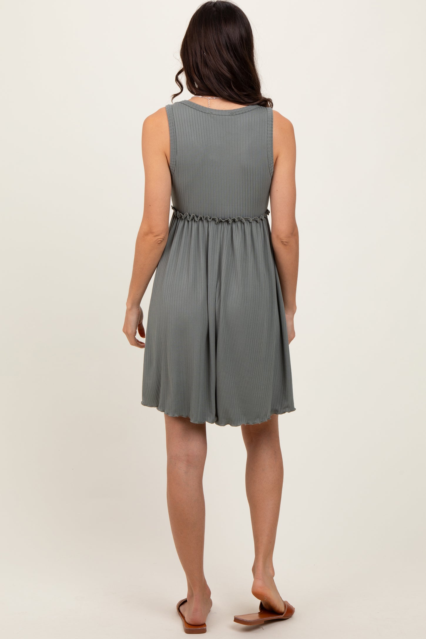 Olive Ribbed Sleeveless Lettuce Trim Mini Dress