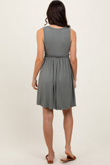 Olive Ribbed Sleeveless Lettuce Trim Mini Dress