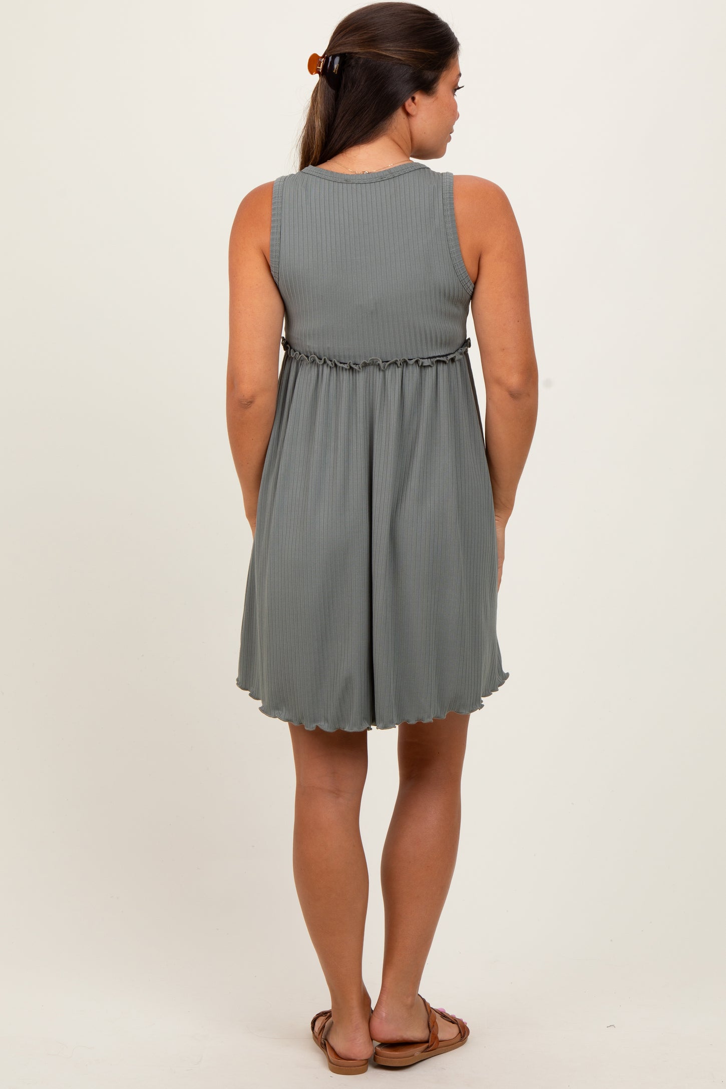 Olive Ribbed Sleeveless Lettuce Trim Maternity Mini Dress