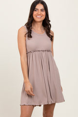 Taupe Ribbed Sleeveless Lettuce Trim Mini Dress