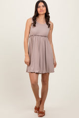 Taupe Ribbed Sleeveless Lettuce Trim Mini Dress