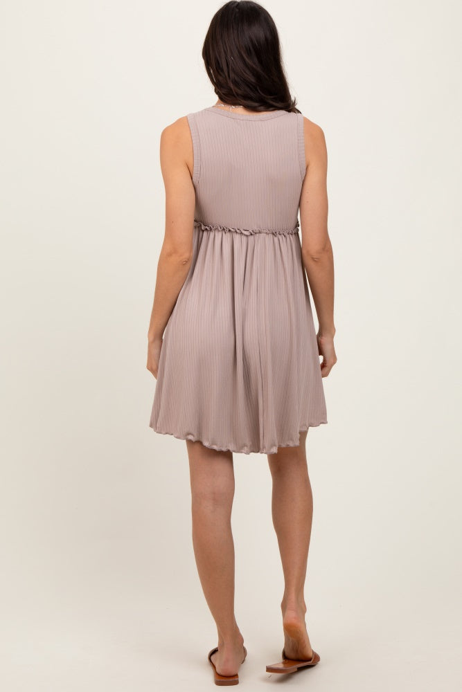 Taupe Ribbed Sleeveless Lettuce Trim Mini Dress