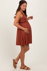 Rust Ribbed Sleeveless Lettuce Trim Maternity Mini Dress