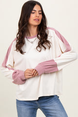 Cream Brushed Knit Colorblock Sleeve Pullover