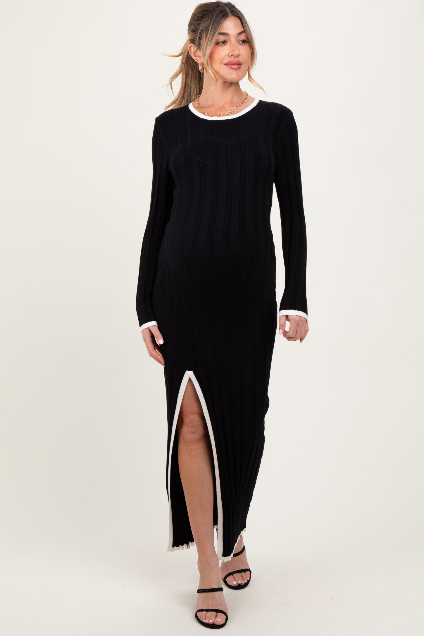 Black Wide Ribbed Knit Side Slit Maternity Maxi Dress
