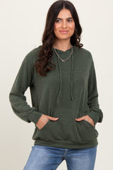 Olive Ribbed Basic Drawstring Hoodie