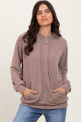 Taupe Ribbed Basic Drawstring Hoodie