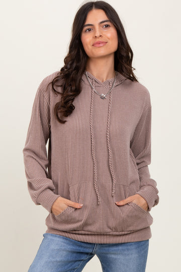 Taupe Ribbed Basic Drawstring Hoodie