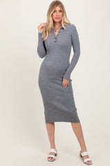 Heather Grey Cable Knit Button Up Midi Dress