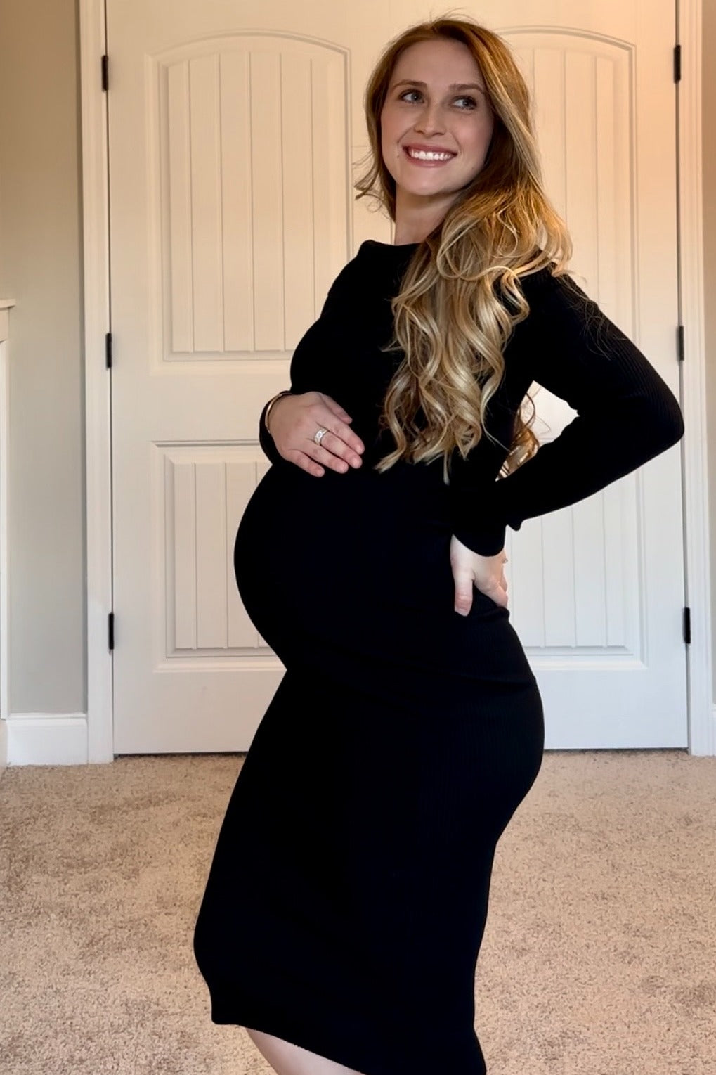 Black Ribbed Knit Off Shoulder Fold Over Maternity Midi Dress