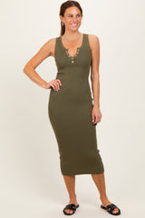 Olive Ribbed Fitted Sleeveless Snap Button Maternity Dress