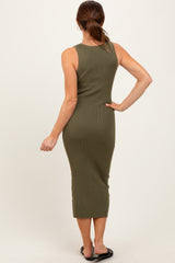 Olive Ribbed Fitted Sleeveless Snap Button Dress