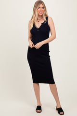Navy Ribbed Fitted Sleeveless Snap Button Dress