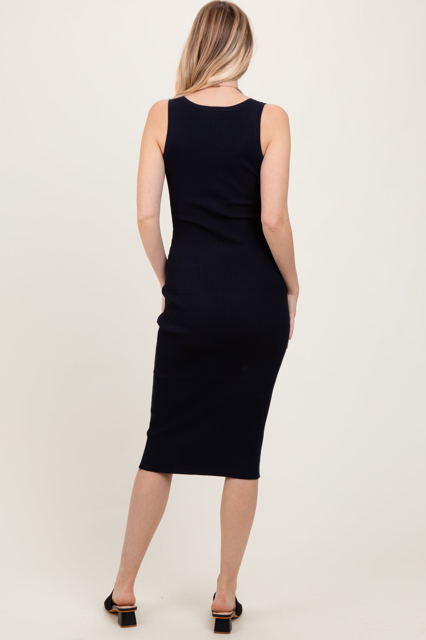 Navy Ribbed Fitted Sleeveless Snap Button Dress