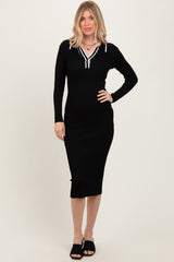 Black Contrast Trim Ribbed Knit Button Up Maternity Midi Dress