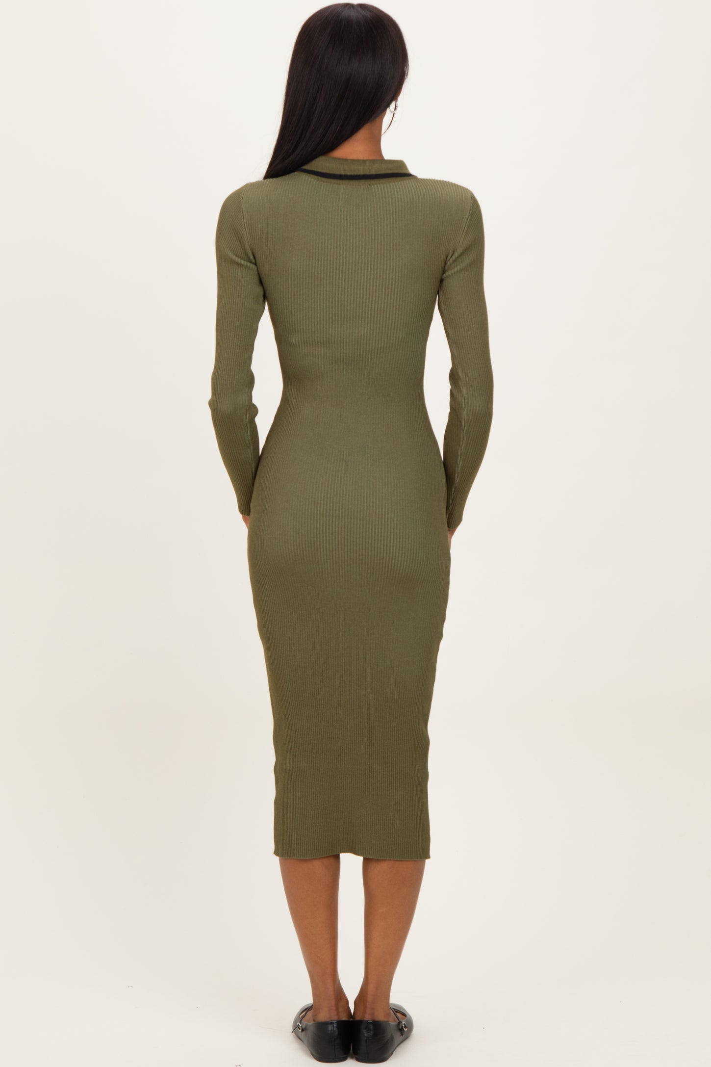 Olive Contrast Trim Ribbed Knit Button Up Midi Dress