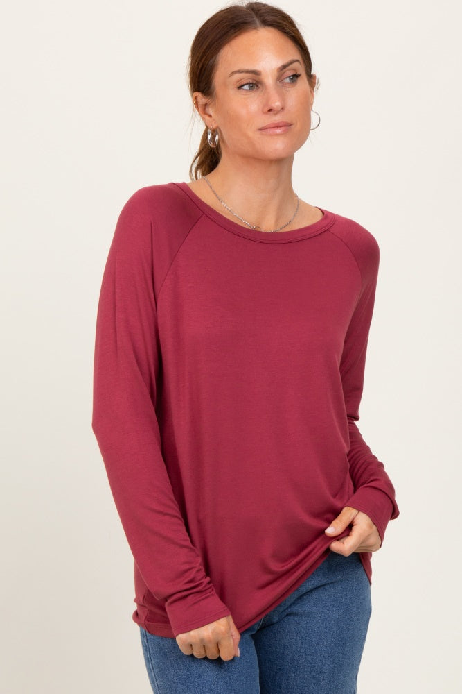 Burgundy Basic Boatneck Maternity Long Sleeve Top