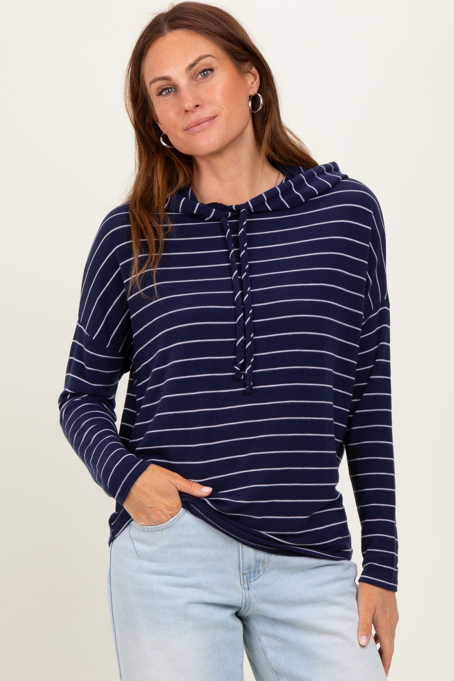 Navy Striped Drawstring Hoodie Top