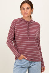 Mauve Striped Drawstring Hoodie Top