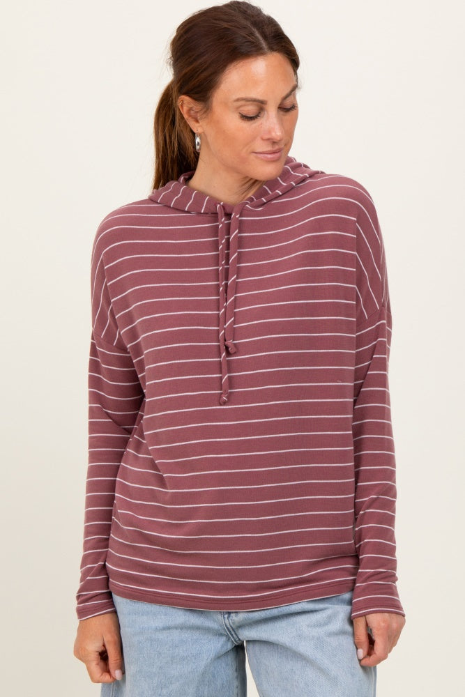 Mauve Striped Drawstring Hoodie Top