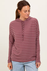 Mauve Striped Drawstring Hoodie Maternity Top