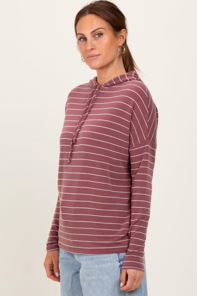 Mauve Striped Drawstring Hoodie Top