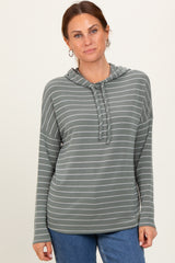 Olive Striped Drawstring Hoodie Maternity Top