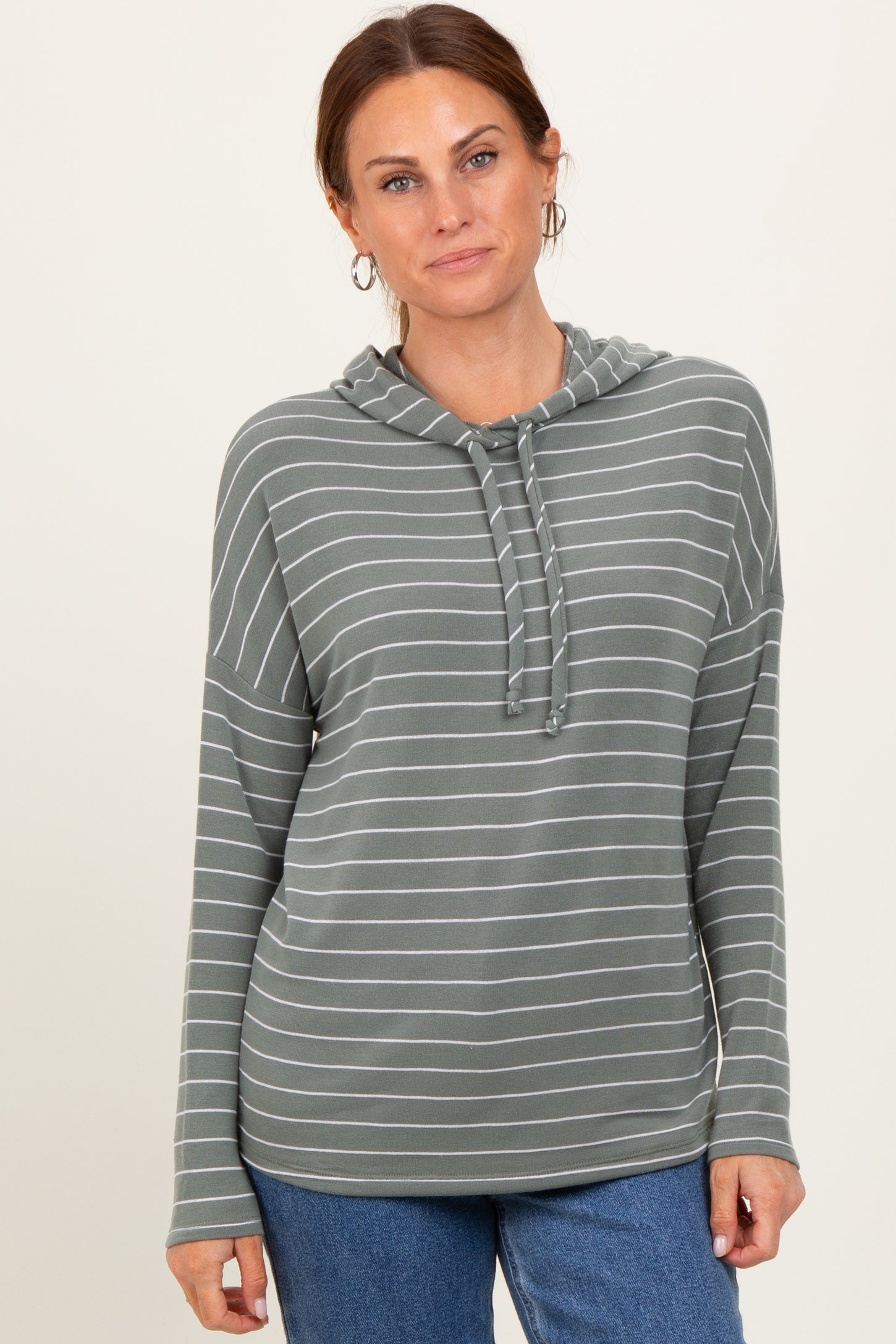Olive Striped Drawstring Hoodie Top
