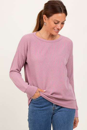 Mauve Ribbed Long Sleeve Pullover Top