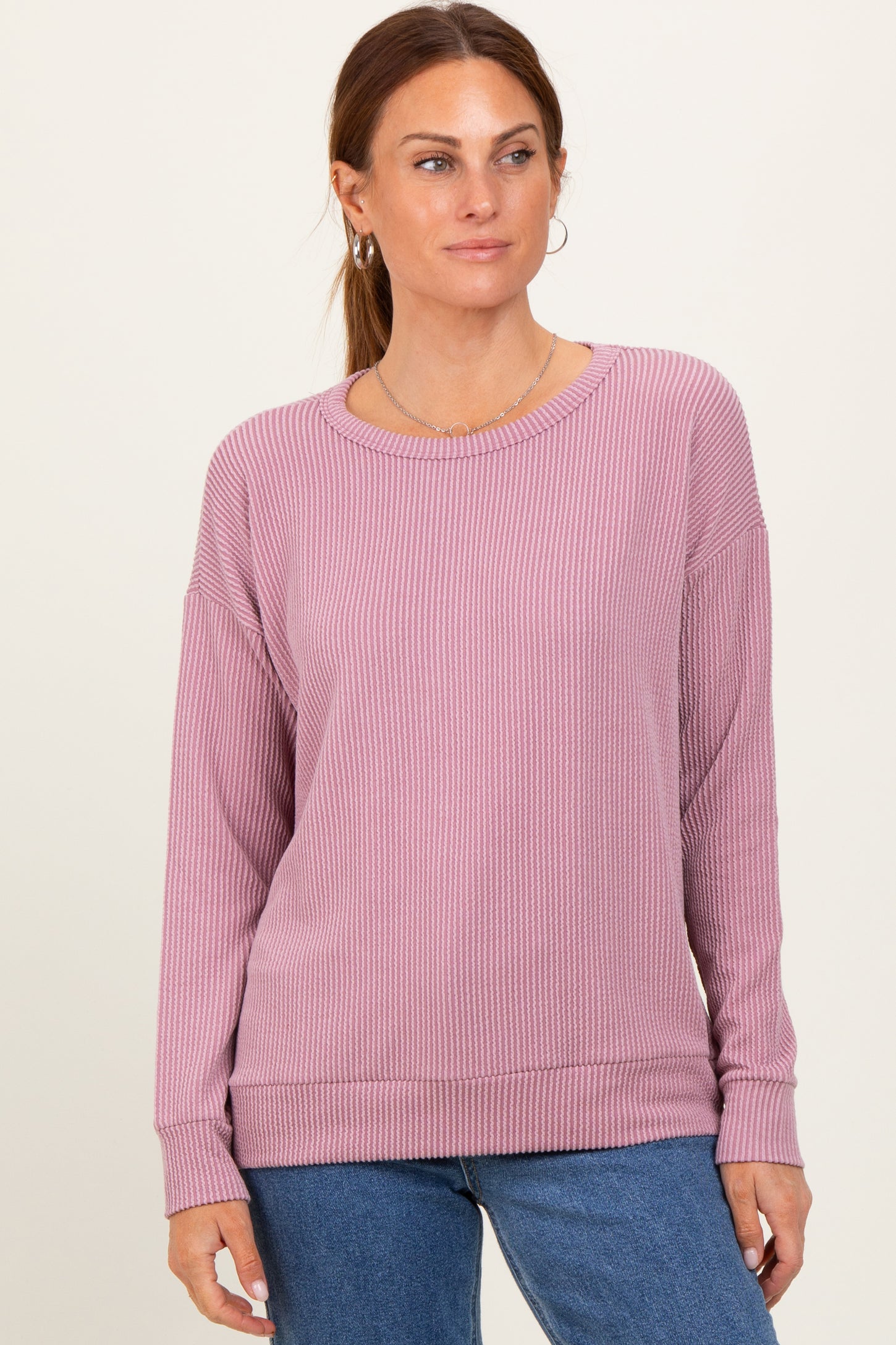 Mauve Ribbed Long Sleeve Maternity Pullover Top