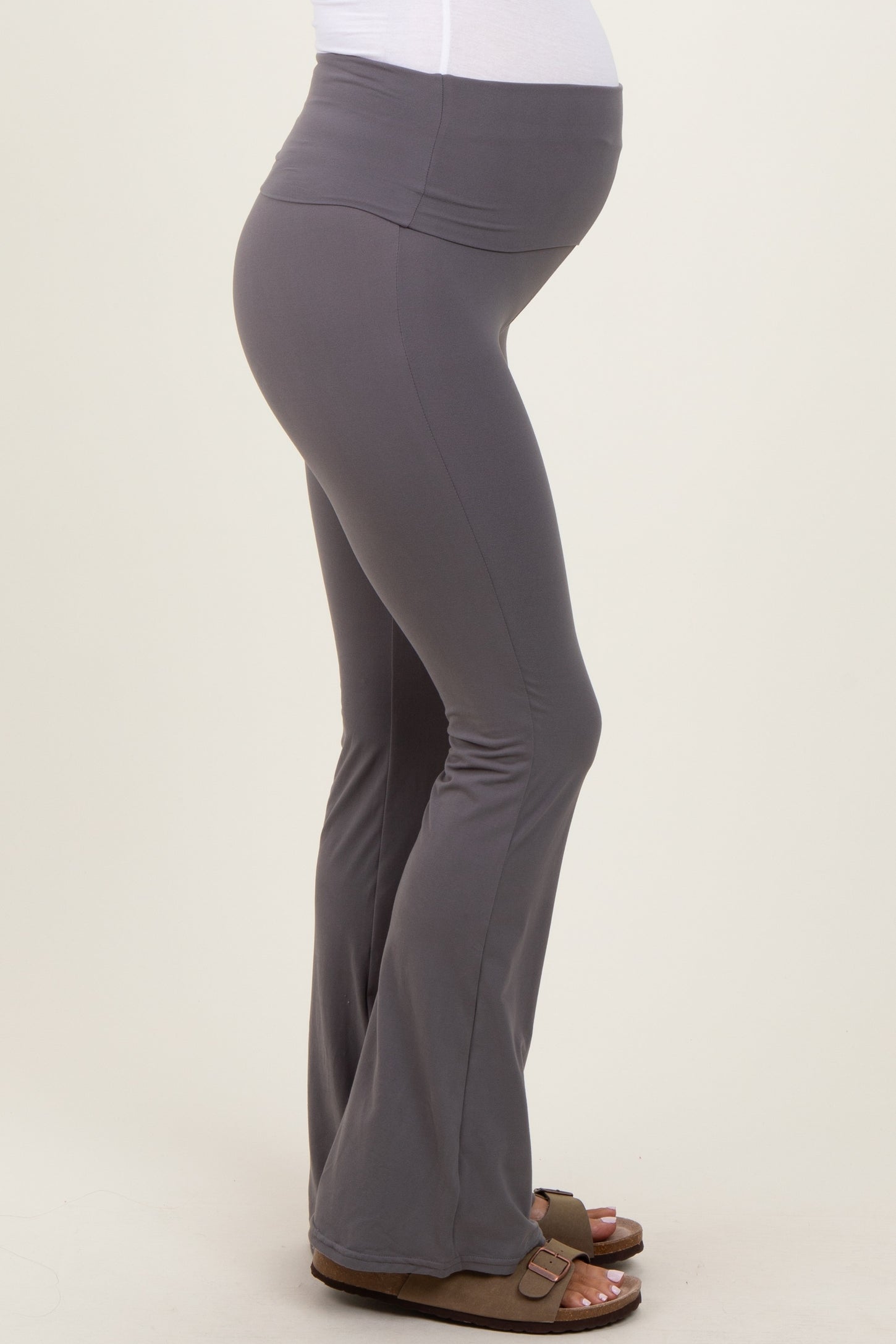 Grey Fold Over Waistband Maternity Flared Pants