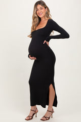 Black Long Sleeve Side Slit Maternity Maxi Dress