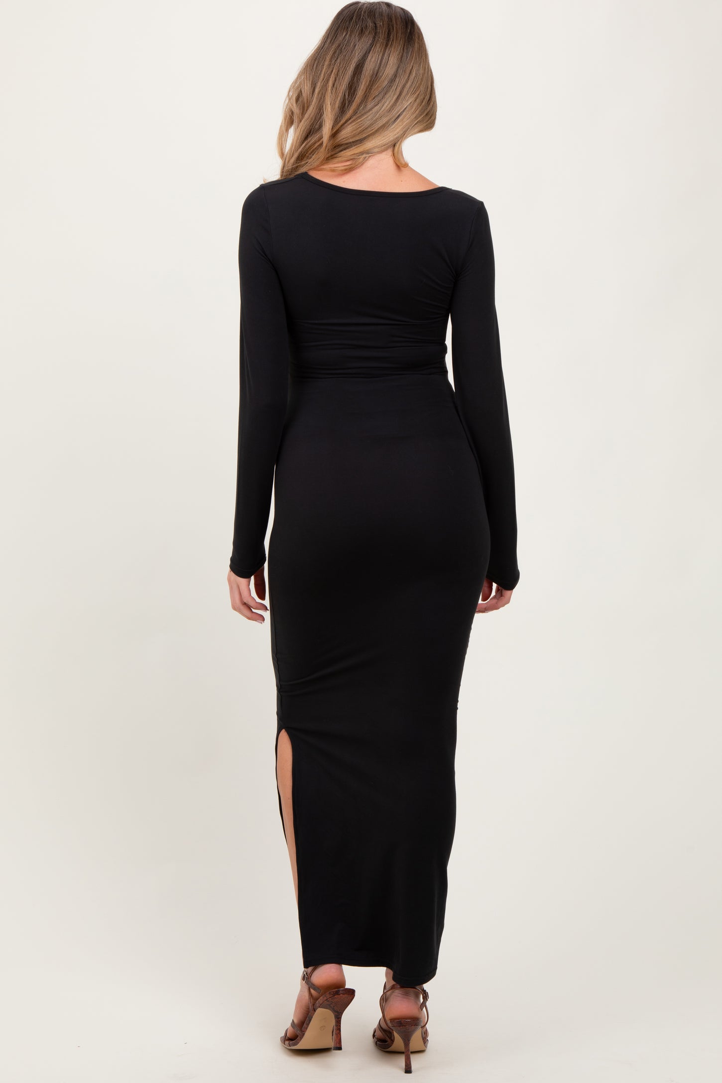 Black Long Sleeve Side Slit Maternity Maxi Dress
