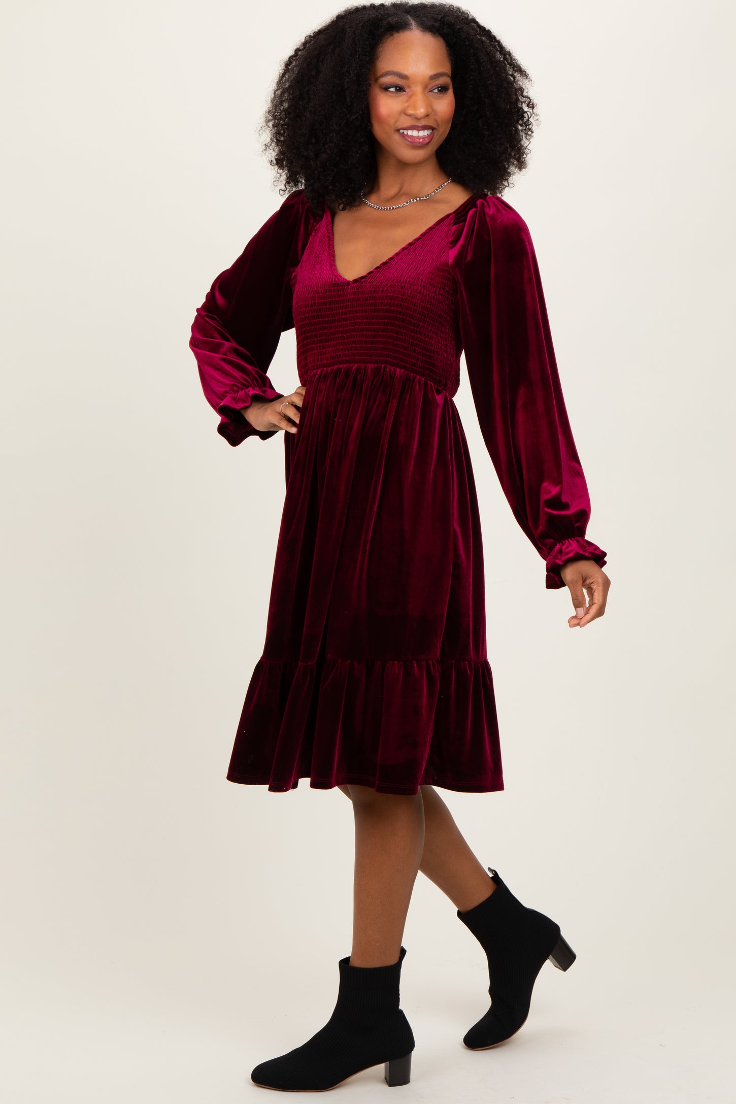 Burgundy Velvet Smocked Long Sleeve Dress