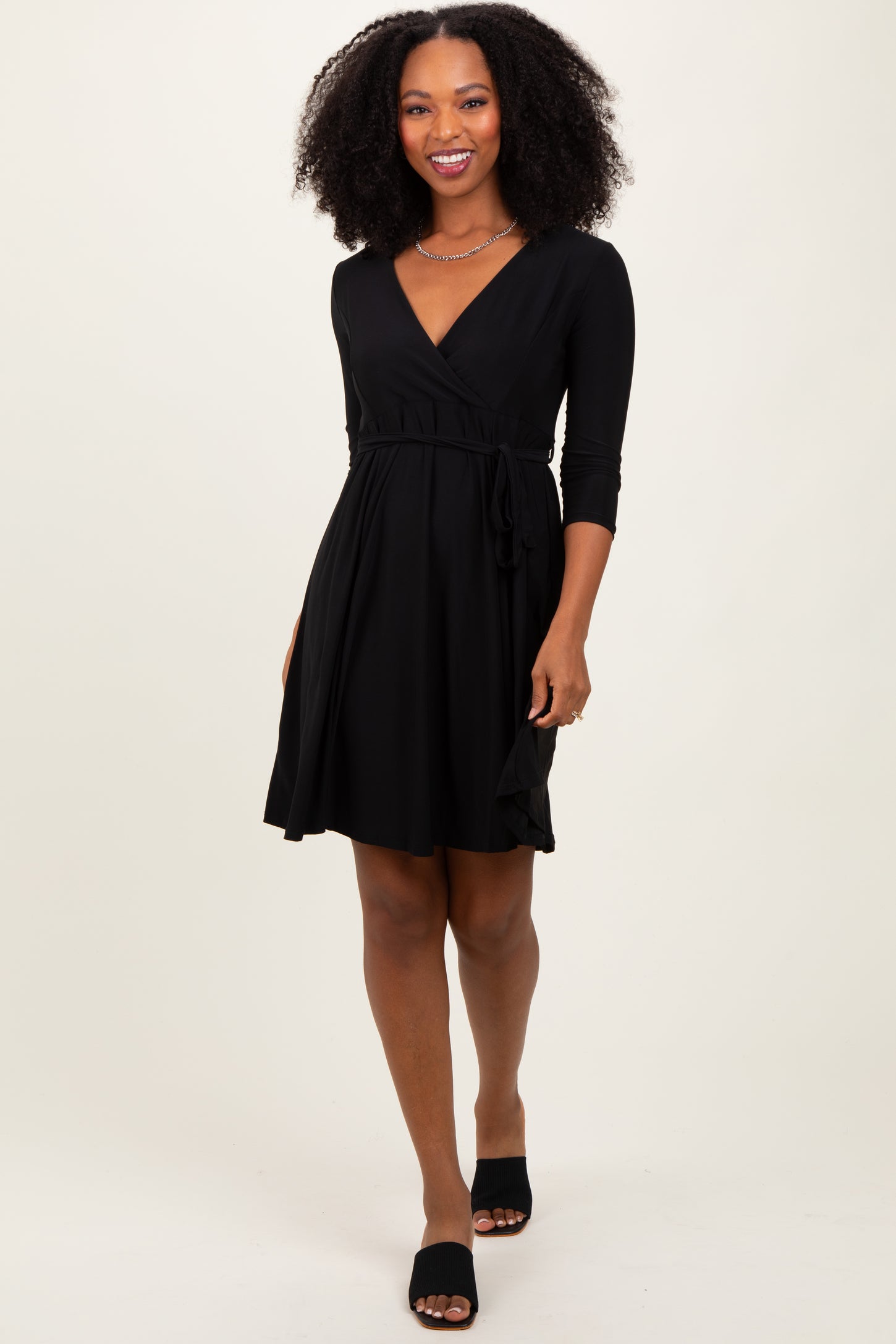 Black 3/4 Sleeve Nursing Sash Tie Wrap Dress