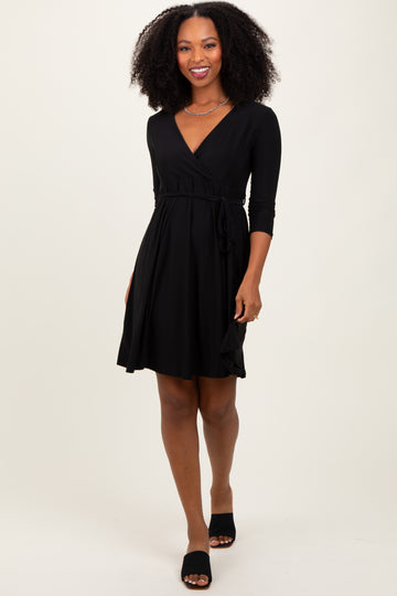 Black 3/4 Sleeve Nursing Sash Tie Wrap Dress