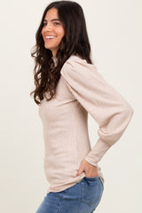 Beige Ribbed Mock Neck Bubble Sleeve Top