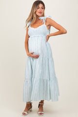 Blue Floral Striped Smocked Shoulder Tie Maternity Maxi Dress