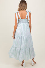 Blue Floral Striped Smocked Shoulder Tie Maternity Maxi Dress