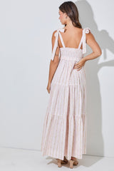 Pink Floral Striped Smocked Shoulder Tie Maxi Dress