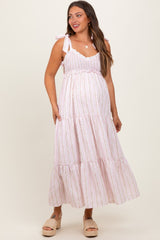 Pink Floral Striped Smocked Shoulder Tie Maternity Maxi Dress