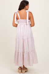 Pink Floral Striped Smocked Shoulder Tie Maternity Maxi Dress