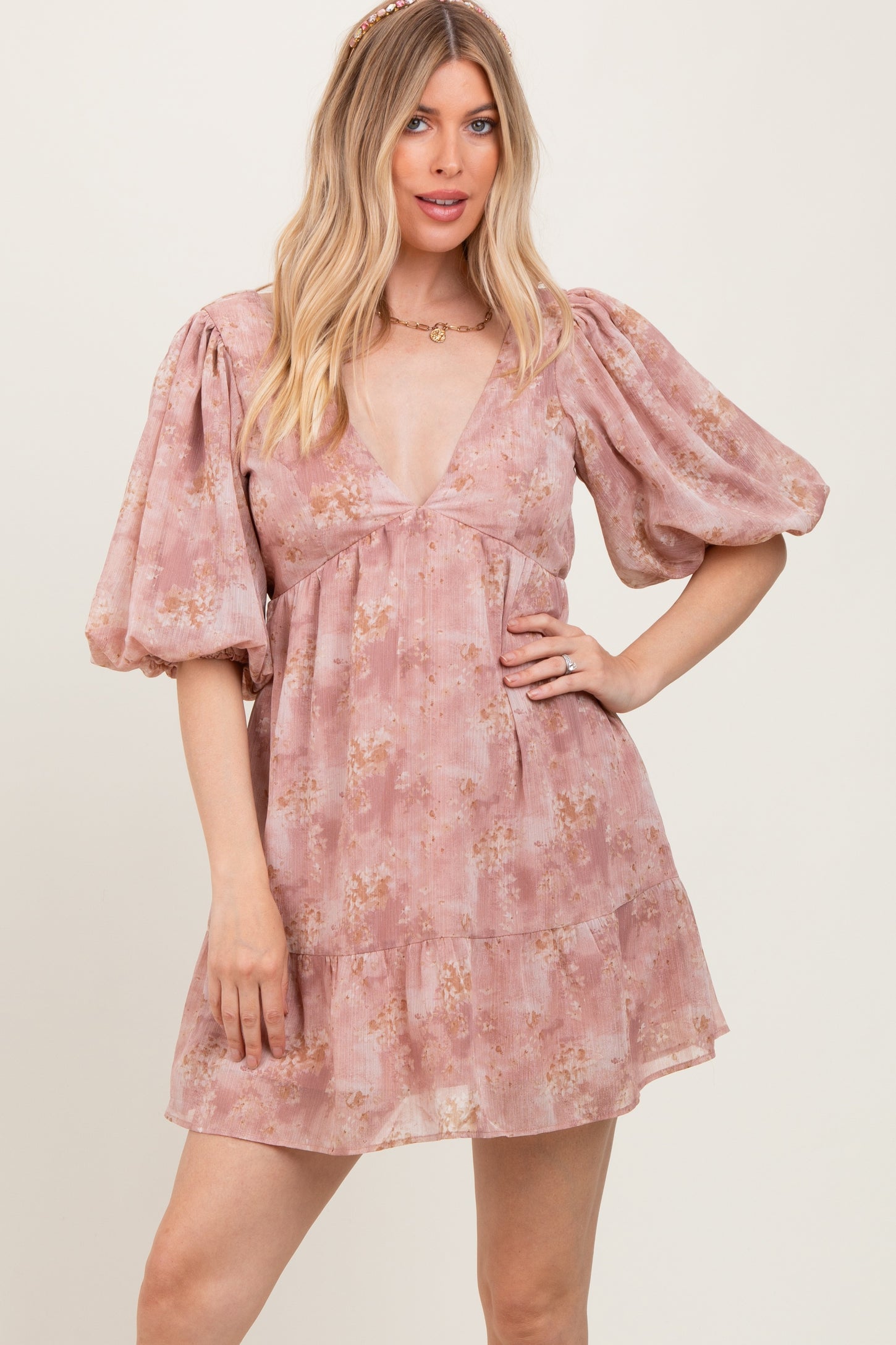 Pink Watercolor Floral Back Tie Puff Sleeve Maternity Dress